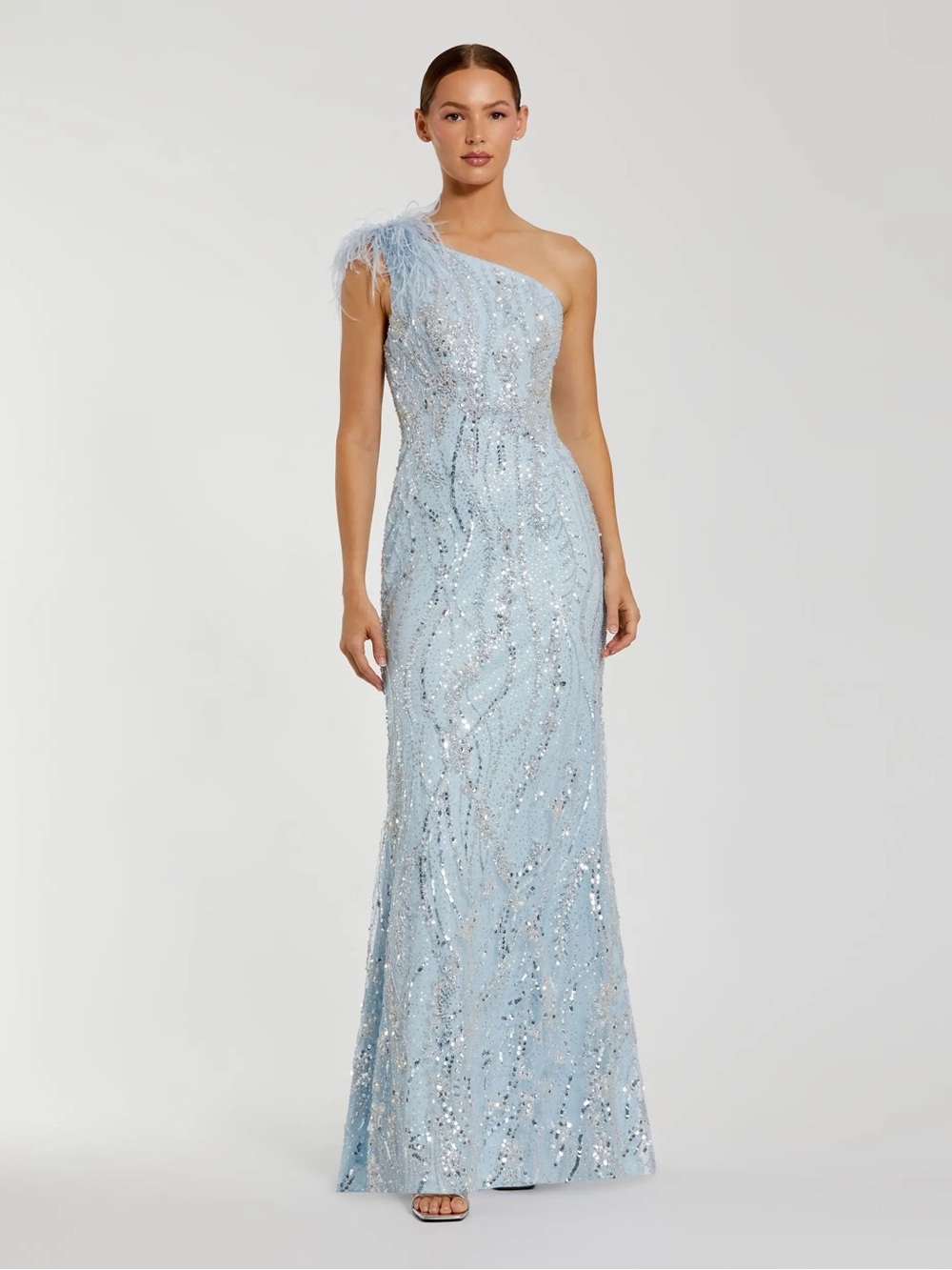 Mac Duggal 20887 Blue Feathered One Shoulder Embellished Applique Gown Size 8